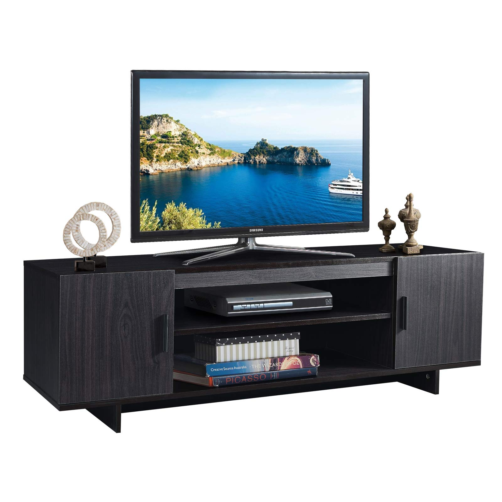 Meuble TV universel moderne en bois Tangkula pour téléviseurs jusqu'à 65", console média avec 2 armoires de rangement et étagères ouvertes